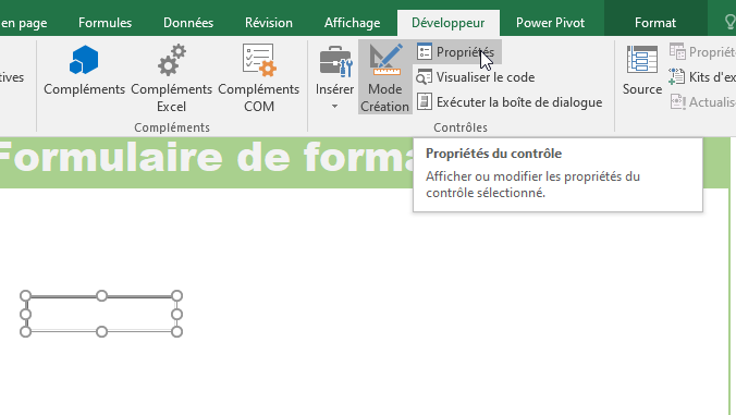 Excel, Afficher les propriétés d'un contrôle sélectionné.