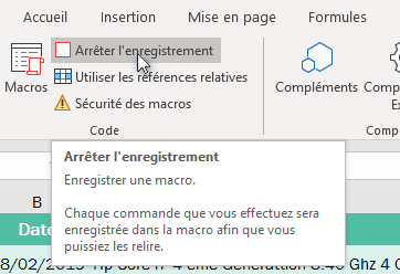 Excel, Arrêter l'enregistrement d'une macro.