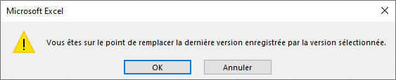 Excel, Confirmation de la restauration de l'ancienne version