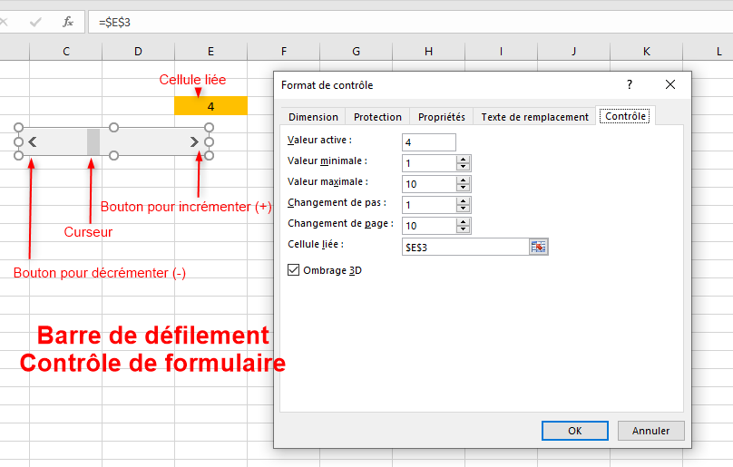 Excel, Barre de défilement Contrôle de formulaire.