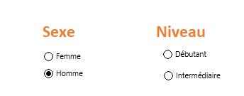 Excel, Boutons d'option (Contrôles de formulaire) pour choisir le genre et le niveau.