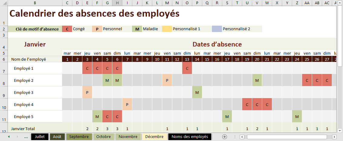 Excel, Calendrier des absences