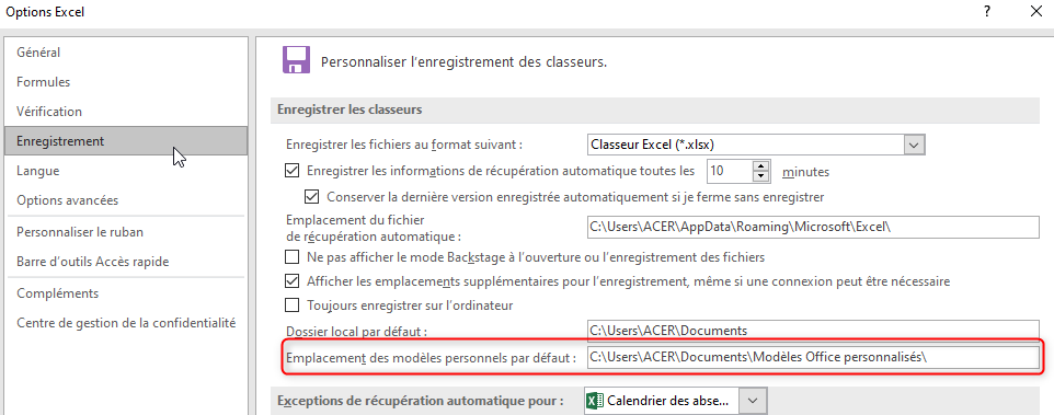 Excel, Le chemin par défaut d'enregistrement des modèles office personnels