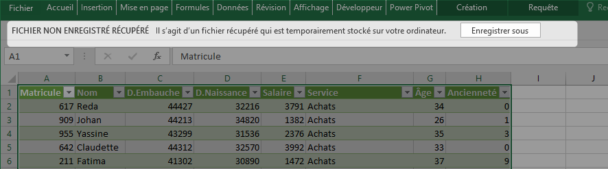 Excel, Restauration des classeurs non enregistrés