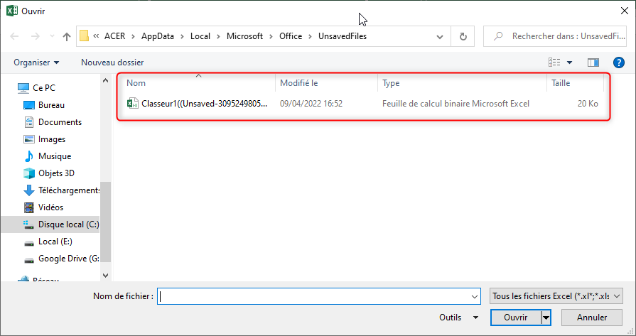Excel, Restauration des classeurs non enregistrés