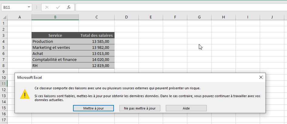 Excel, Demande de confirmation de la mise à jour des liens