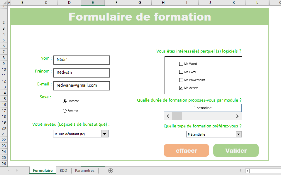 Excel, Créer les contrôle d'un formulaire.