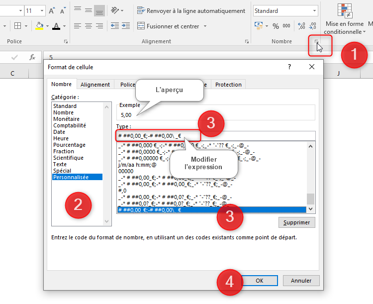 Excel, Créer un format numérique personnalisé.