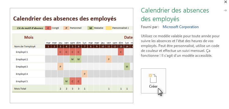 Excel, Créer un classeur à partir d'un modèle