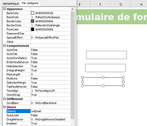 Excel, Créer les deux autres TextBox.