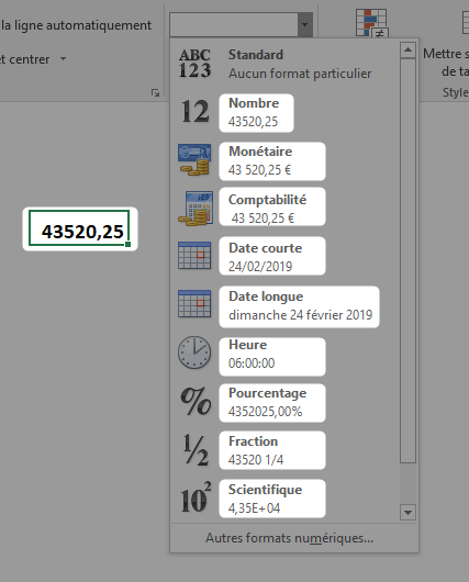 Excel, Les différents formats appliqués.