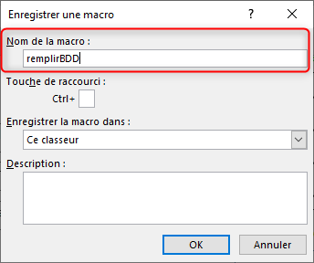 Excel, Donner un nom à la macro.