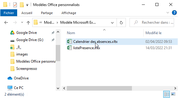 Excel, Le dossier des modèles office personnels