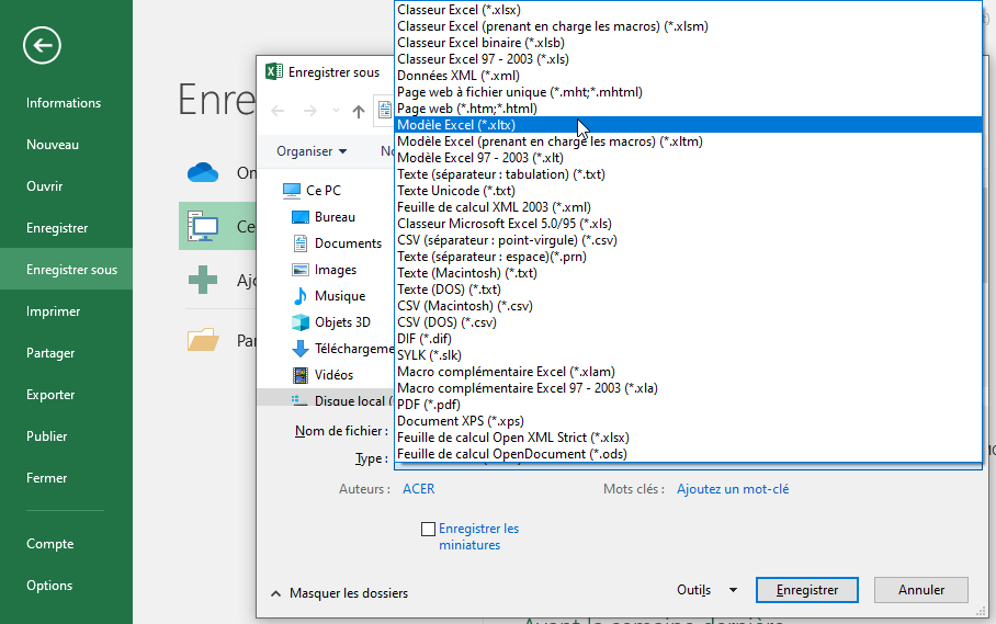 Excel, Enregistrer un classeur modèle