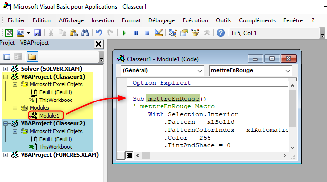 Excel, Les deux classeurs dans l'explorateur de projet