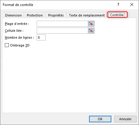 Excel, Fenêtre Format de contrôle.