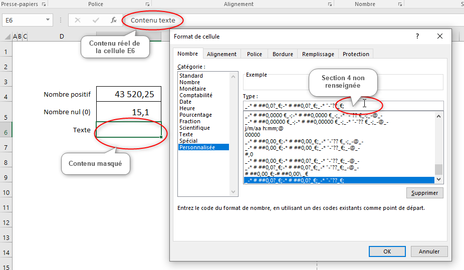 Excel, Le contenu texte de la cellule est masqué.