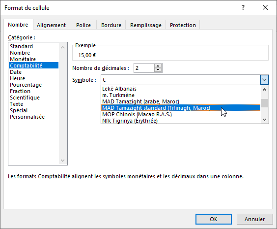 Excel, Choisir un symbole monétaire autre que ceux proposés par défaut.