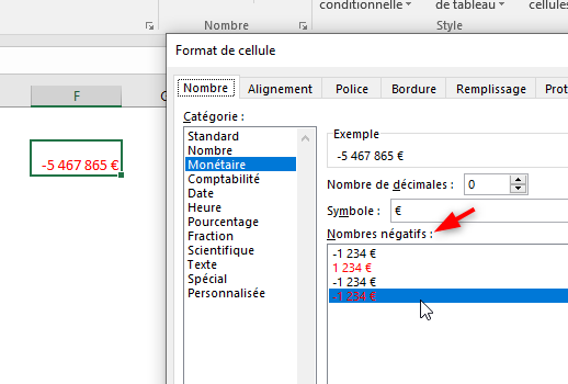 Excel, Mettre les valeurs négatives en rouge.