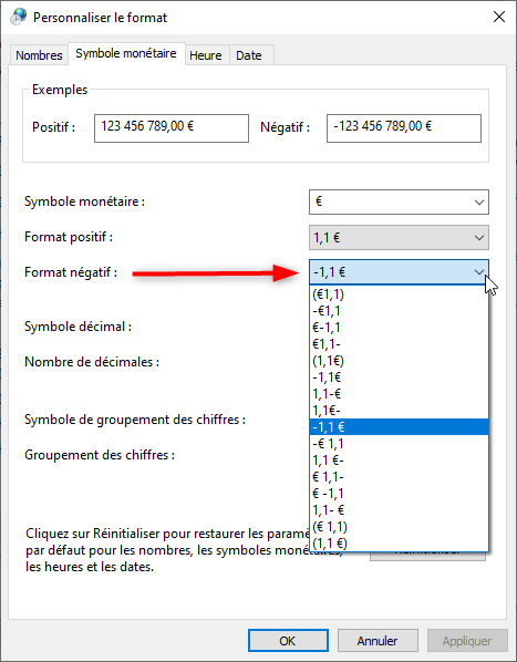 Excel, Mettre en évidence les valeurs négatives via les paramètres régionaux.