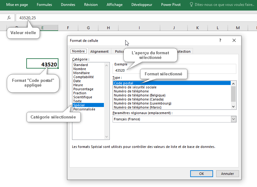 Excel, Appliquer le format 'Code postal' à une cellule.