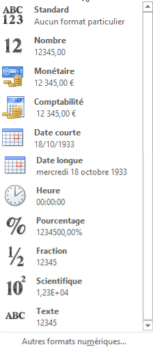 Excel, Les formats prédéfinis