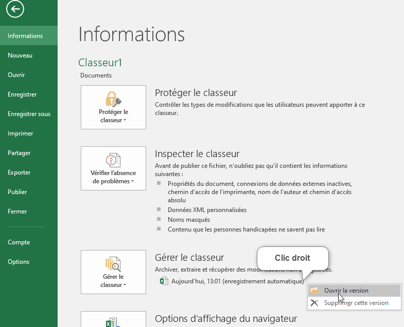 Excel, Historique des classeurs non enregistrés