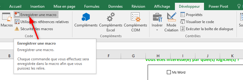 Excel, Lancer l'enregistrement d'une macro.