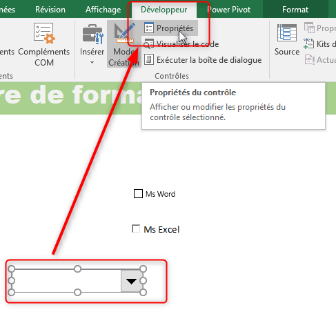 Excel, Afficher la fenêtre Format de contrôle.