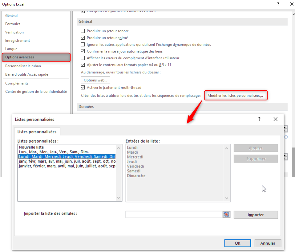 Excel, Options avancées, Listes personnalisées.