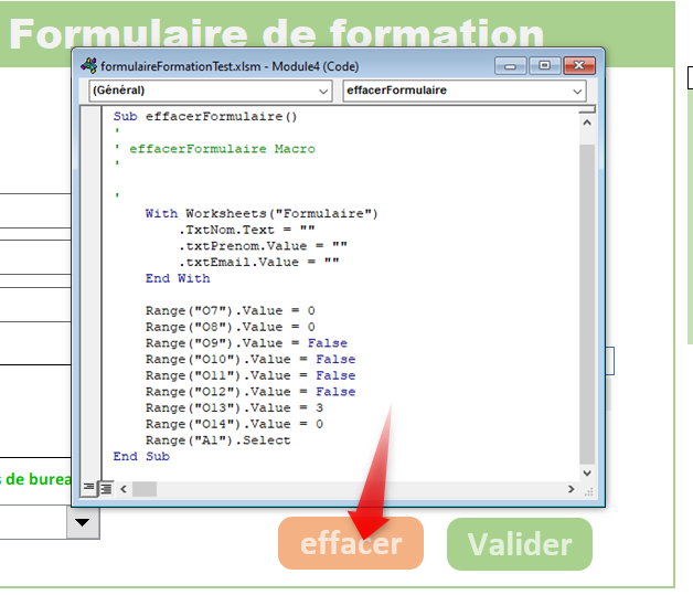 Excel, Macro pour réinitialiser les champs du formulaire.