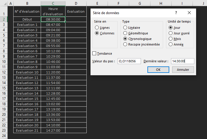 Excel, Heures des mesures des performances.