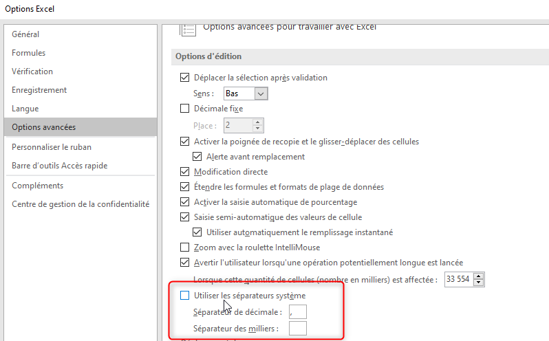 Excel, Modifier le séparateur des milliers.