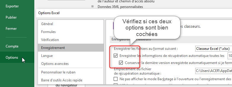 Excel, Les options de l'enregistrement automatique activées