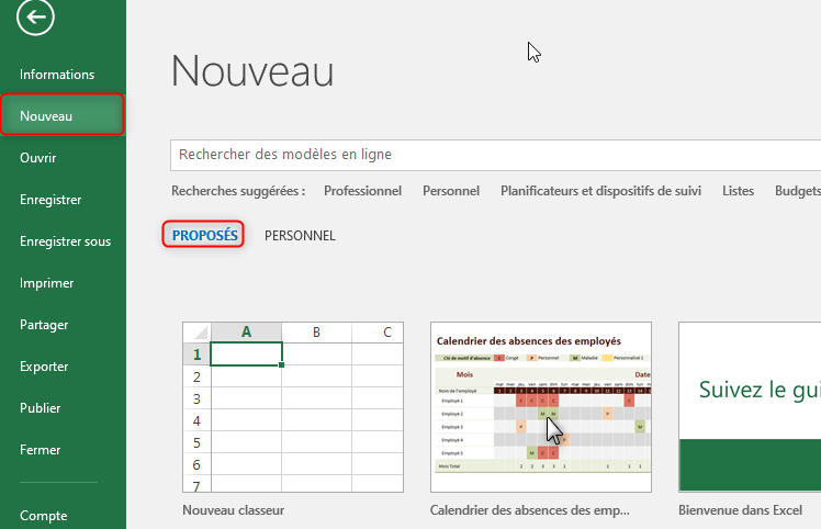 Excel, Ouvrir un modèle pour le personnaliser