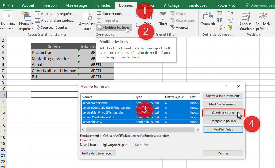 Excel, Ouvrir les sources des liens