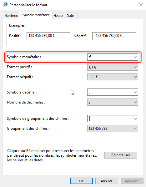 Excel, Les paramètres régionaux du panneau de configuration.