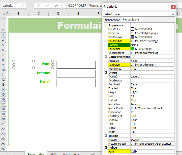 Excel, Les propriétés d'une étiquette.