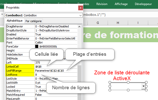 Excel, Définir les propriétés d'une liste déroulante modifiable.