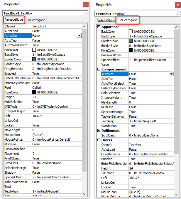 Excel, Les propriétés d'une TextBox, rangées par ordre alphabétique et par catégorie.