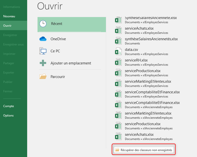 Excel, Récupérer un classeur non enregistré