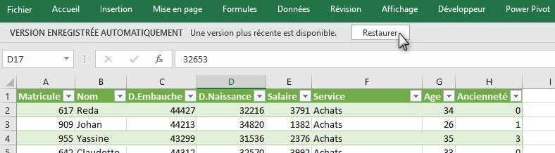 Excel, Historique des classeurs non enregistrés