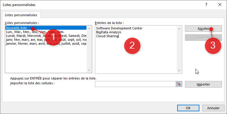 Excel, Créer une liste personnalisée par saisie des éléments.