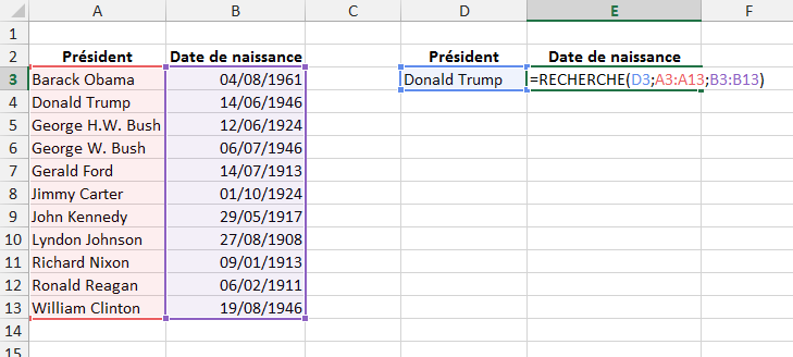 Excel, Les fonctions de Recherche