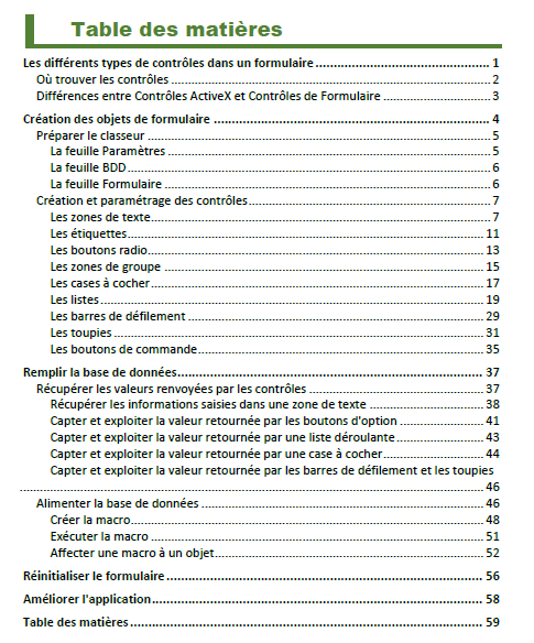 Excel, Table des matières.