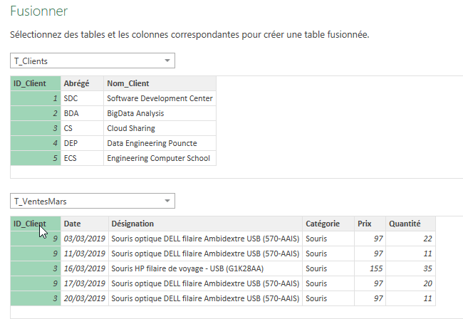 Excel, Le champ commun entre les deux tables