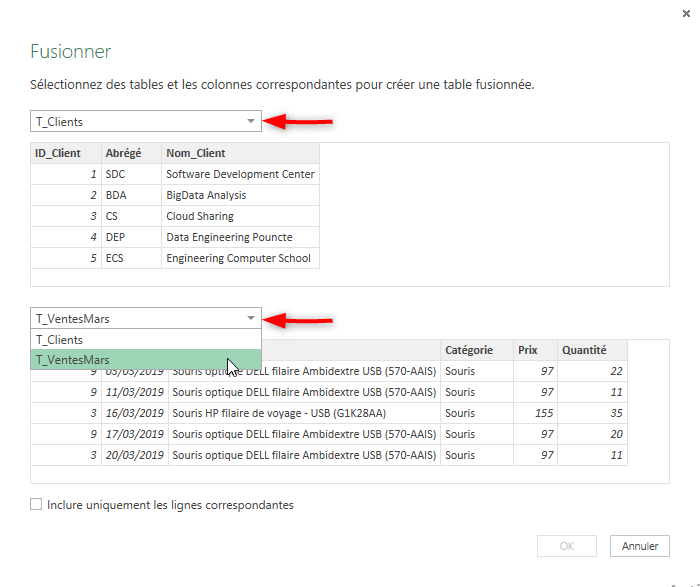 Excel, La fenêtre pour paramétrer la fusion des requêtes