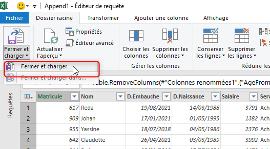 Power Query, Fermer et charger dans Excel