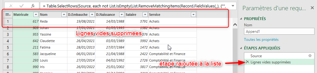 Excel, Lignes vides supprimées sous Power Query