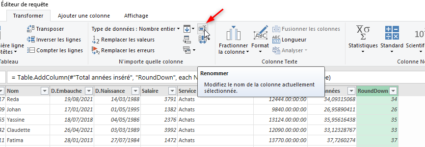 Excel, Renommer une colonne sous Power Query